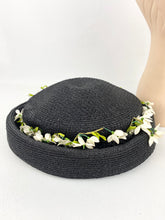 Load image into Gallery viewer, Original 1950s Black Straw Hat with White Floral Trim
