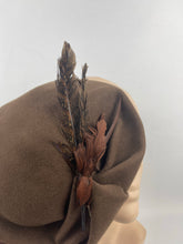 Load image into Gallery viewer, Original 1930s Brown Felt Hat with Feather Trim and Upturned Brim