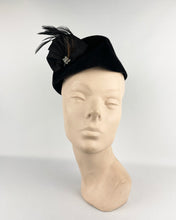 Load image into Gallery viewer, Original 1940s Black Velvet Military Inspired Hat with Paste and Feather Trim