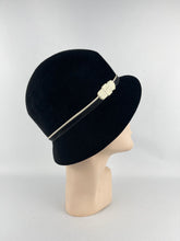 Load image into Gallery viewer, Original 1920’s 1930's Black Felt Cloche Hat With White Metal Faux Buckle Trim *