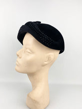 Load image into Gallery viewer, Original 1950s Inky Black Felt Skull Cap with Glass Beads - Lovely Vintage Hat