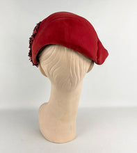 Load image into Gallery viewer, Original 1950s Libye Diamond Red Velvet Hat with Beaded Leaf Applique *