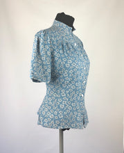 Load image into Gallery viewer, 1940s Blue, White and Black Novelty Print Ribbons and Clover Blouse - B36