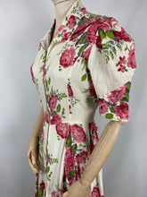 Load image into Gallery viewer, Original 1940s White Hostess Gown with Pretty Pink Rose Print - Great Maxi Dress - Bust 36" 38"
