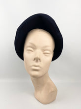 Load image into Gallery viewer, Original Late 1930s or Early 1940s Close Fitting Dark Blue Felt Hat with Neat Trim and Upturned Brim