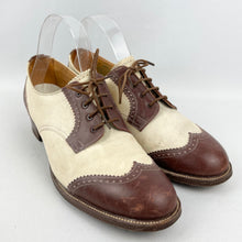 Load image into Gallery viewer, Original 1930's Cream Suede and Brown Leather Lace Up Walking Shoes - UK 6 or 6.5