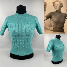 Load image into Gallery viewer, Late 1930's Reproduction Jumper with Broad Rib and Bobbles in Blue Turquoise - Bust 33 34 35 36
