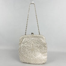 Load image into Gallery viewer, Charming Vintage Frankel & Roth Cream Satin Evening Bag with Glass Bead and Faux Pearl Decoration