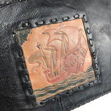 Load image into Gallery viewer, Original 1930s 1940s Navy and Brown Tooled Leather Muff Bag with Sailing Ship Design