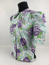 Load image into Gallery viewer, 1940's Reproduction Floral Print Blouse with Large Purple Roses and Faceted Glass Buttons Made From an Original 1940's Feed Sack - Bust 34"