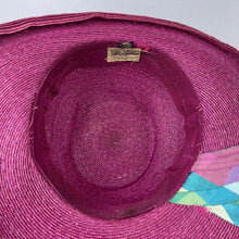 Load image into Gallery viewer, Incredible Original 1940's Oversized Pink Straw Summer Hat with Stripe Band And Flower Trim