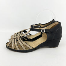 Load image into Gallery viewer, Original 1940's Black Wedges with Fabulous Gold Glitter Straps - UK 5.5 6
