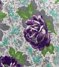 Load image into Gallery viewer, 1940's Reproduction Floral Print Blouse with Large Purple Roses and Grey Buttons Made From and Original 1940's Feed Sack - Bust 34" 35"
