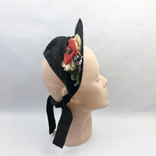 Load image into Gallery viewer, Original 1940's Black Straw Hat - Pretty Bonnet Shape Half Hat with Poppy Flower Trim - Patriotic
