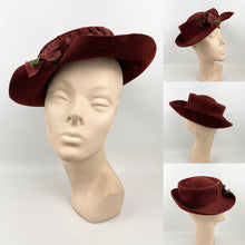 Load image into Gallery viewer, Original 1930s Chestnut Felt Hat with Cutout Detail and Green Grosgrain Trim - AS IS