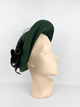 Load image into Gallery viewer, Original 1940s Forest Green Felt Hat with Chocolate Brown Velvet Trim and Net - Incredible Piece