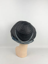 Load image into Gallery viewer, Utterly Charming 1920s 1930s Black Straw Hat with Blue Velvet Trim