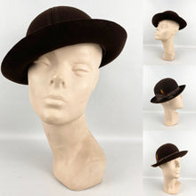 Load image into Gallery viewer, Original 1930's Little Bunty Chocolate Brown Felt Hat with Feather and Grosgrain Trim