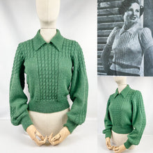 Load image into Gallery viewer, 1930's Reproduction Hand Knitted Long Sleeved Cable Jumper in Forest Green Alpaca Wool - Bust 36 38