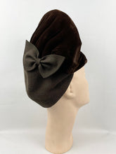 Load image into Gallery viewer, Incredible 1940s Chocolate Brown Felt and Velvet Hat With Huge Stand Up Brim and Bow Trim
