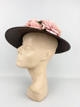 Load image into Gallery viewer, Original 1930s Chocolate Brown Straw Hat with Soft Pink Carnation Trim