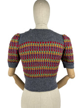 Load image into Gallery viewer, Reproduction 1940’s Hand Knitted Striped Jumper in Grey, Mustard, Purple, Green and Red - Bust 32 34 36