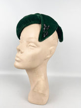Load image into Gallery viewer, Original 1950's Rich Green Cotton Velvet Hat with Leaf Detail and Sequin Trim