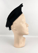 Load image into Gallery viewer, Original 1940's Inky Black Felt Hat with Fabulous Shaping and Net Trim