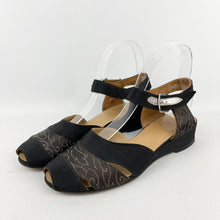 Load image into Gallery viewer, Original 1940's CC41 Black Fabric Wedges with Fabulous Metallic Silver Trim - UK 4.5 5