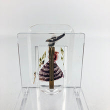 Load image into Gallery viewer, Original 1940s Rectangular Reverse Carved Lucite Brooch with Crinoline Lady and Flowers