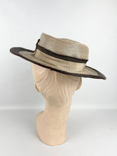 Load image into Gallery viewer, Original 1930s Two-Tone Brown Lacquered Straw Hat with Grosgrain Trim