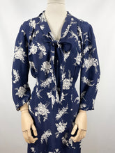 Load image into Gallery viewer, Original 1930s Navy and White Silk Volup Floral Print Dress with Bow Tie Neck - Bust 40 42