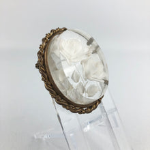 Load image into Gallery viewer, Original French 1950s Reverse Carved Lucite Brooch with White Roses in a Metal Frame