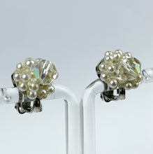 Load image into Gallery viewer, Vintage Faux Pearl and Faceted Glass Aurora Borealis Clip-on Earrings