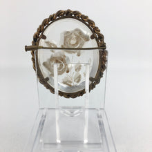 Load image into Gallery viewer, Original French 1950s Reverse Carved Lucite Brooch with White Roses in a Metal Frame