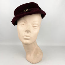 Load image into Gallery viewer, Original 1950's Dark Burgundy Close Fitting Fur Felt Hat with Gold-tone Trim