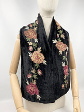 Load image into Gallery viewer, Original 1920's 1930's Black Silk Velvet Scarf with Crewel Work Floral Embroidery - Great Christmas Gift
