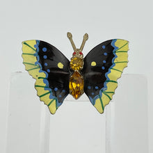 Load image into Gallery viewer, Vintage Painted Metal Butterfly Brooch with Amber Glass Body