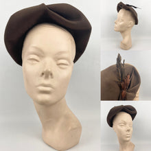 Load image into Gallery viewer, Original 1930s Brown Felt Hat with Feather Trim and Upturned Brim