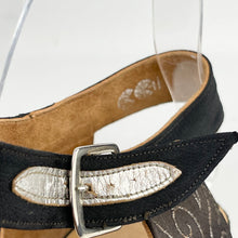 Load image into Gallery viewer, Original 1940's CC41 Black Fabric Wedges with Fabulous Metallic Silver Trim - UK 4.5 5