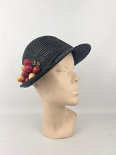 Load image into Gallery viewer, Original 1930s Black Straw Cloche Hat with Charming Cherry Trim