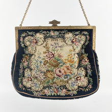 Load image into Gallery viewer, 1920s 1930s Petit Point Black Floral Evening Bag with Gem Set Frame