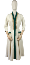 Load image into Gallery viewer, Original 1950s Natural Linen Dress with Kelly Green Trim and Soutache - Bust 36
