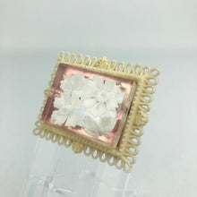 Load image into Gallery viewer, Original French 1950s Reverse Carved Lucite Brooch in a Celluloid Frame with White Flowers *
