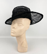 Load image into Gallery viewer, Original 1940s Black Lace Hat with Wire Frame and Bow Trim