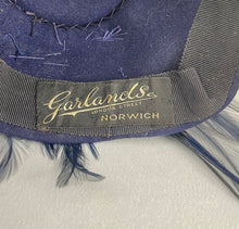 Load image into Gallery viewer, Original 1930s Navy Blue Felt Hat with Feather Trim and Neat Net Detail