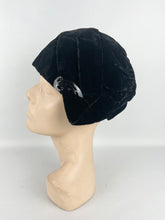 Load image into Gallery viewer, Original 1920s Black Cotton Velvet Cloche with Celluloid and Paste Hat Flash