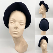 Load image into Gallery viewer, Original Late 1930s or Early 1940s Close Fitting Dark Blue Felt Hat with Neat Trim and Upturned Brim