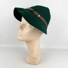 Load image into Gallery viewer, Original 1930's or 1940's French Forest Green Felt Hat with Leather Trim and Buckles