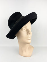 Load image into Gallery viewer, Original 1930s 1940s Inky Black Felt Hat with Wide Brim and Grosgrain Trim